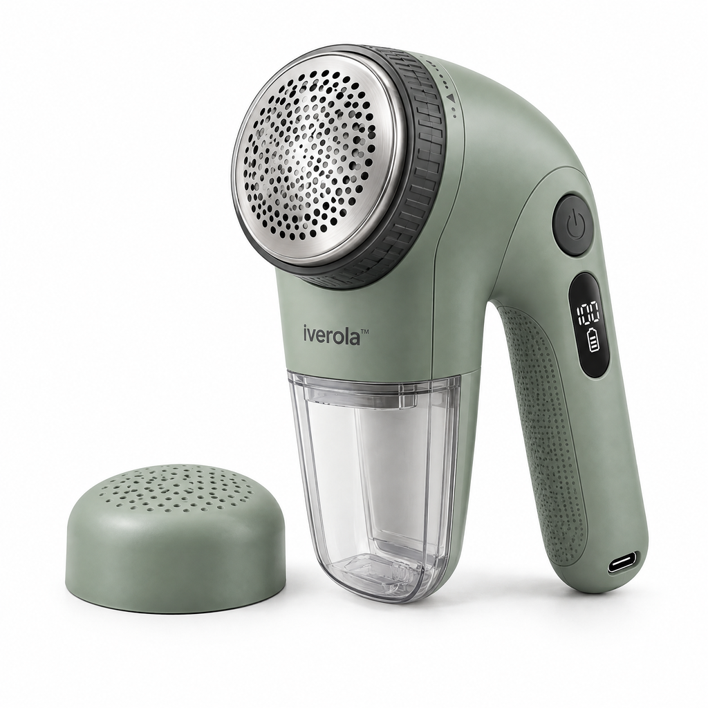 Iverola™ FiberRevive Electric Fabric Shaver — Rechargeable Clothes Lint Remover with Adjustable Shaving Height, Precision Stainless Steel Blades, Digital Battery Indicator &amp; Detachable Lint Collector for Sweaters, Upholstery and Everyday Clothing