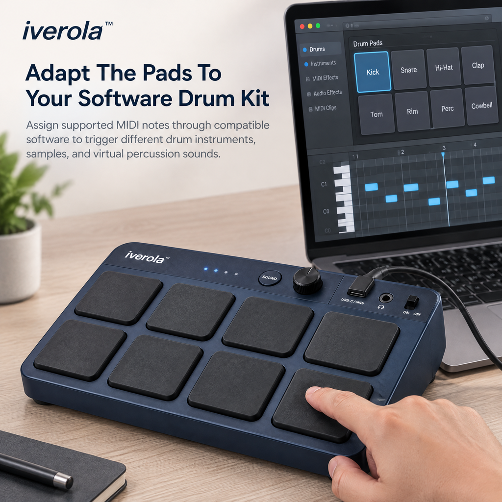 Iverola™ RhythmDeck Portable Electronic Drum Pad — Rechargeable Finger Drumming Controller with Velocity-Sensitive Pads, Built-In Drum Sounds, Headphone Output &amp; USB MIDI Connectivity for Music Production and Beat Making