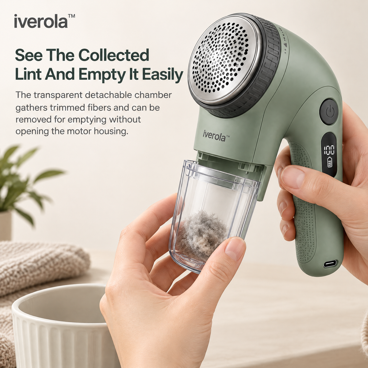 Iverola™ FiberRevive Electric Fabric Shaver — Rechargeable Clothes Lint Remover with Adjustable Shaving Height, Precision Stainless Steel Blades, Digital Battery Indicator &amp; Detachable Lint Collector for Sweaters, Upholstery and Everyday Clothing