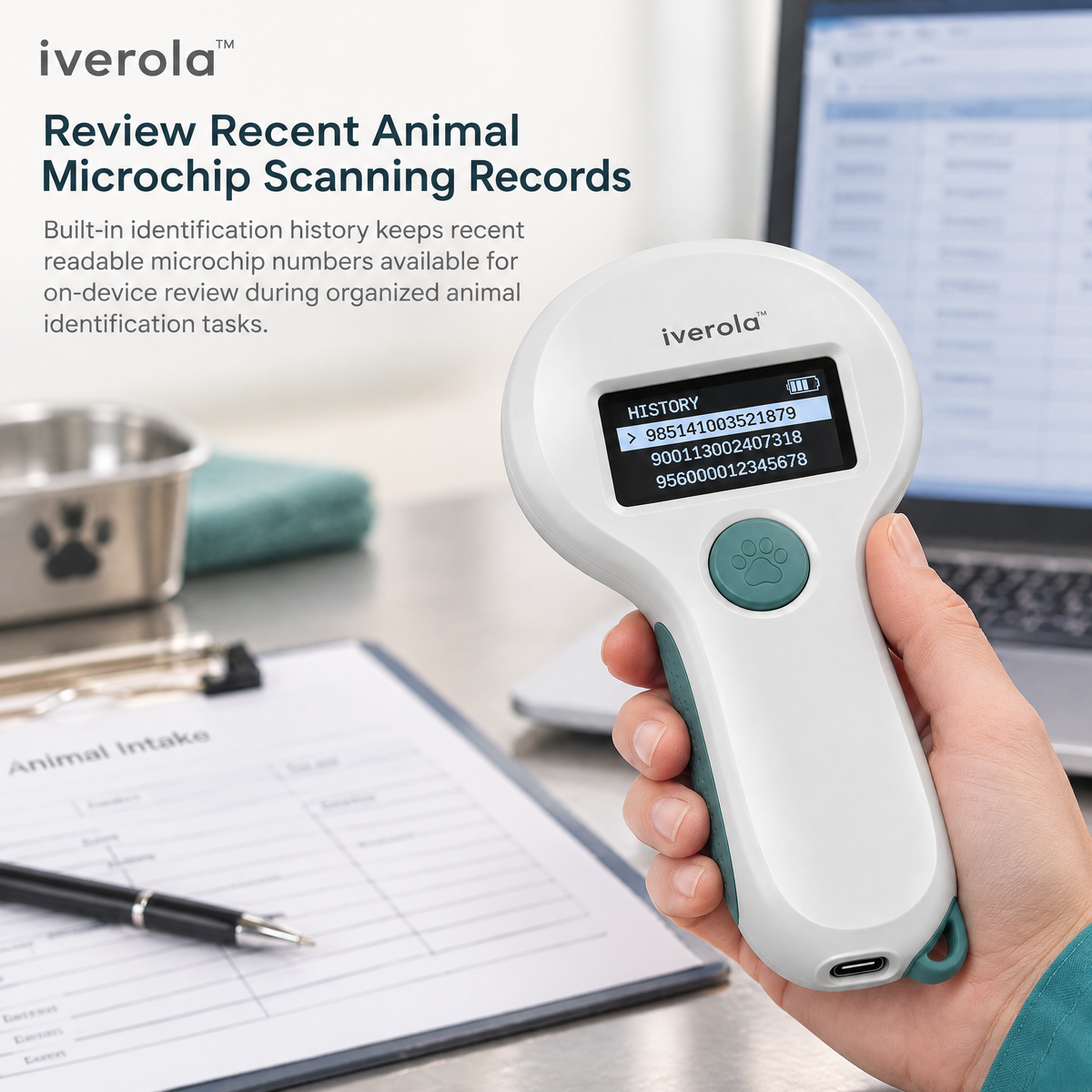 Iverola™ PetTrace Handheld RFID Pet Microchip Scanner — Portable Animal Identification Reader with Multi-Frequency Microchip Detection, Digital ID Display, One-Touch Scanning, Rechargeable Battery &amp; USB-C Connectivity for Dogs, Cats and Small Animals