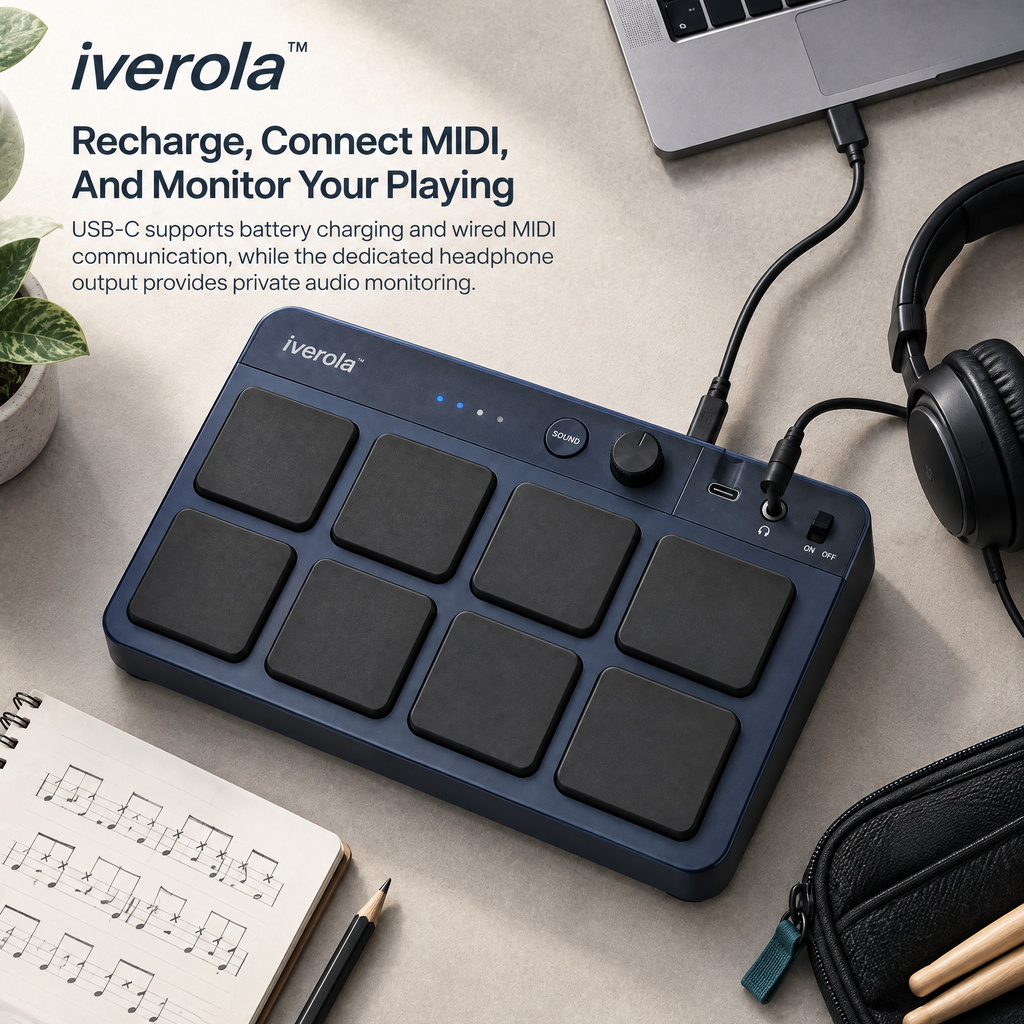 Iverola™ RhythmDeck Portable Electronic Drum Pad — Rechargeable Finger Drumming Controller with Velocity-Sensitive Pads, Built-In Drum Sounds, Headphone Output &amp; USB MIDI Connectivity for Music Production and Beat Making