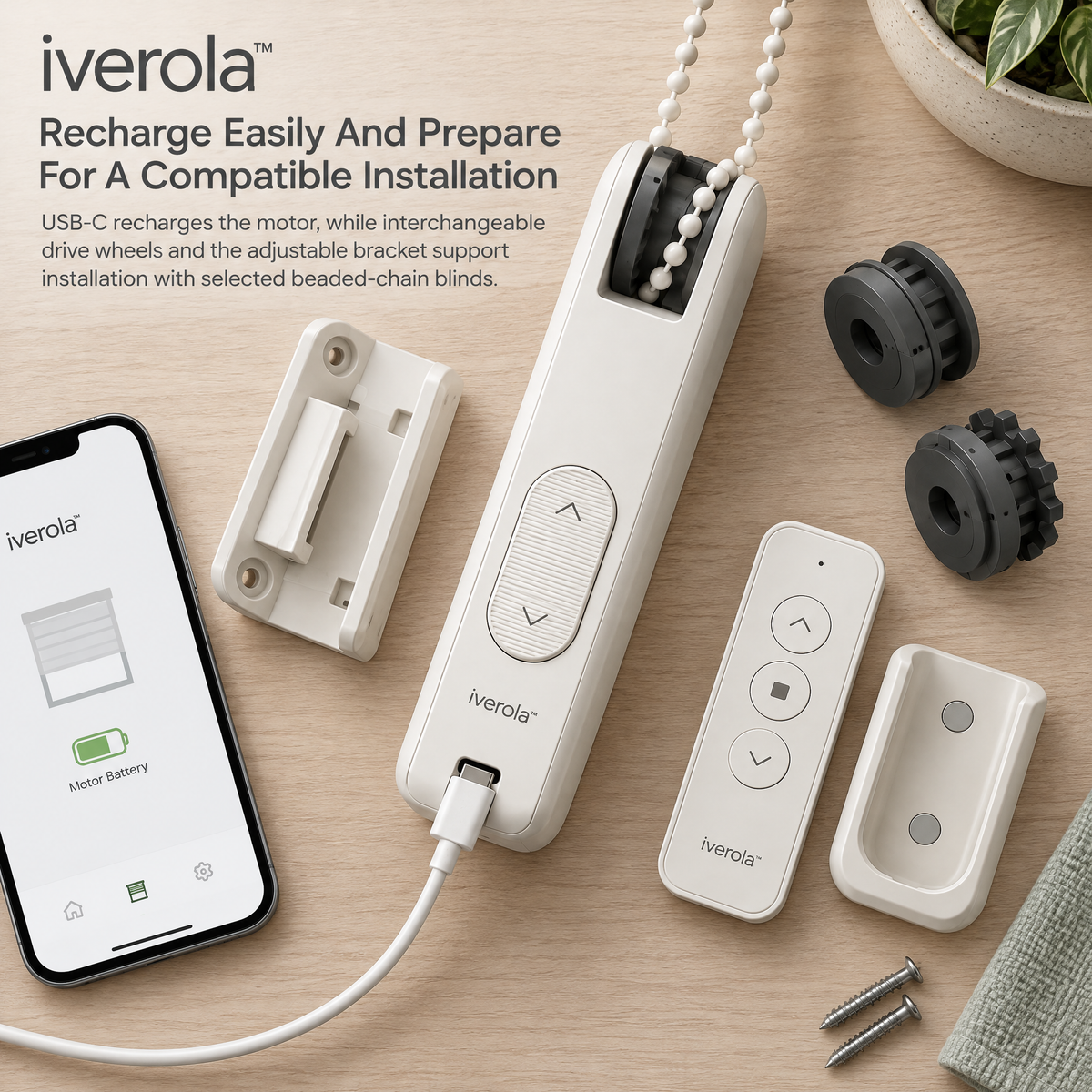 Iverola™ ShadeMotion Smart Roller Blind Motor — Rechargeable Bluetooth Window Shade Controller with Automatic Chain Drive, Adjustable Position Limits, Smartphone Scheduling &amp; Wireless Remote Control for Home Automation