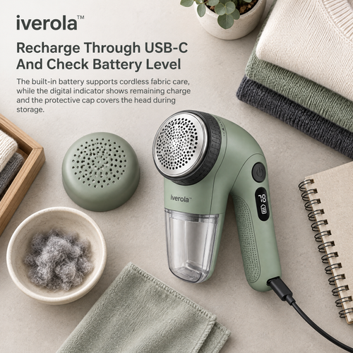 Iverola™ FiberRevive Electric Fabric Shaver — Rechargeable Clothes Lint Remover with Adjustable Shaving Height, Precision Stainless Steel Blades, Digital Battery Indicator &amp; Detachable Lint Collector for Sweaters, Upholstery and Everyday Clothing