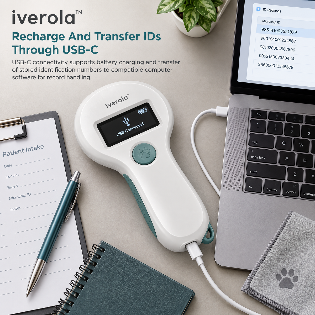 Iverola™ PetTrace Handheld RFID Pet Microchip Scanner — Portable Animal Identification Reader with Multi-Frequency Microchip Detection, Digital ID Display, One-Touch Scanning, Rechargeable Battery &amp; USB-C Connectivity for Dogs, Cats and Small Animals