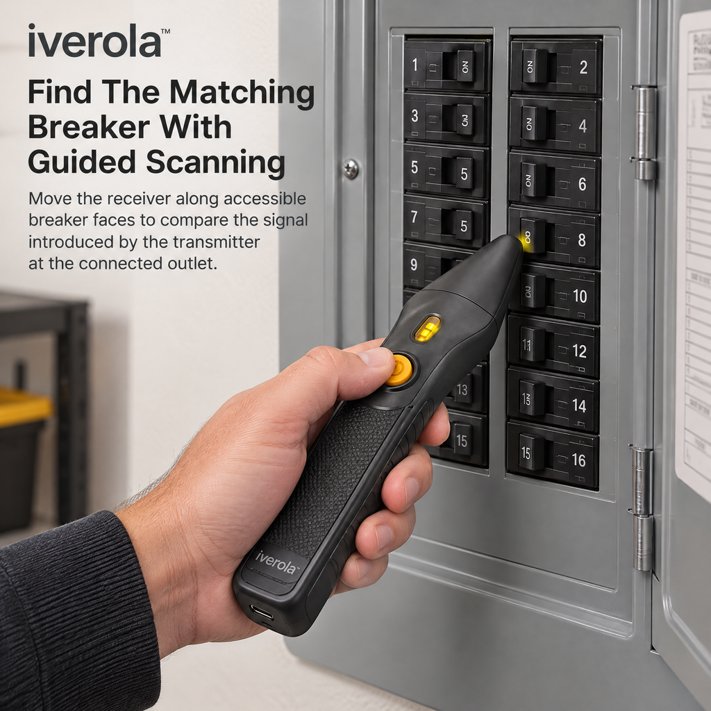Iverola™ BreakerScout Digital Circuit Breaker Finder Kit — Electronic Outlet-to-Breaker Identifier with Plug-In Signal Transmitter, Handheld Circuit Scanner, Audible Detection &amp; USB-C Rechargeable Receiver for Home Electrical Troubleshooting