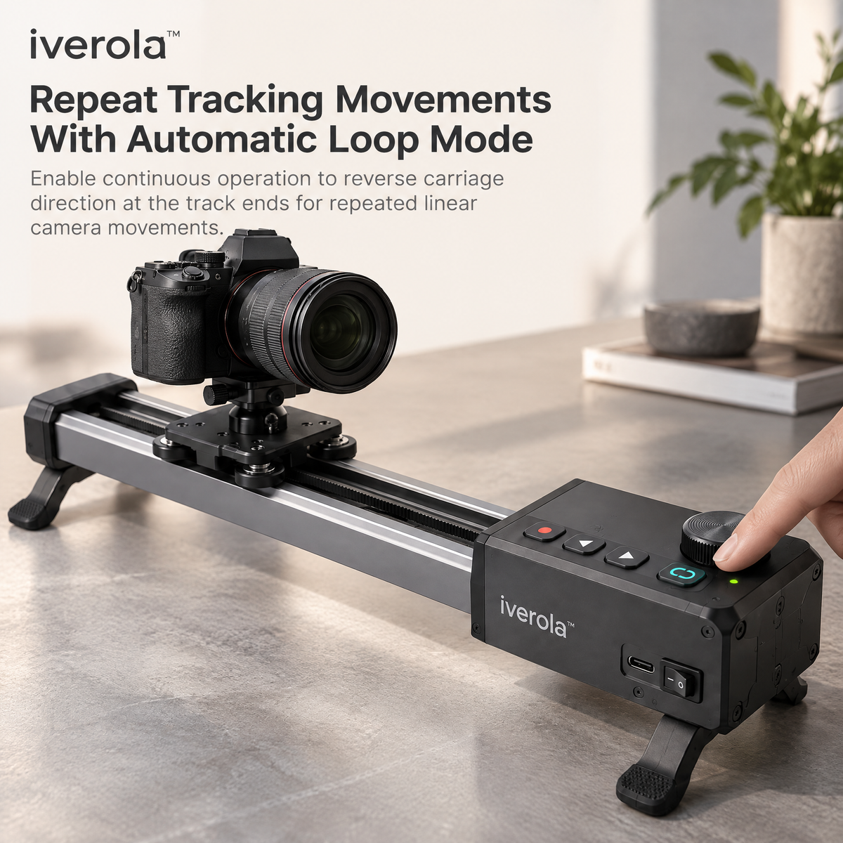 Iverola™ CineRail Motorized Camera Slider — Portable Electronic Camera Motion Track with Adjustable Slide Speed, Automatic Loop Mode, USB-C Rechargeable Battery &amp; Tripod Mounting for Video Creators and Product Photography