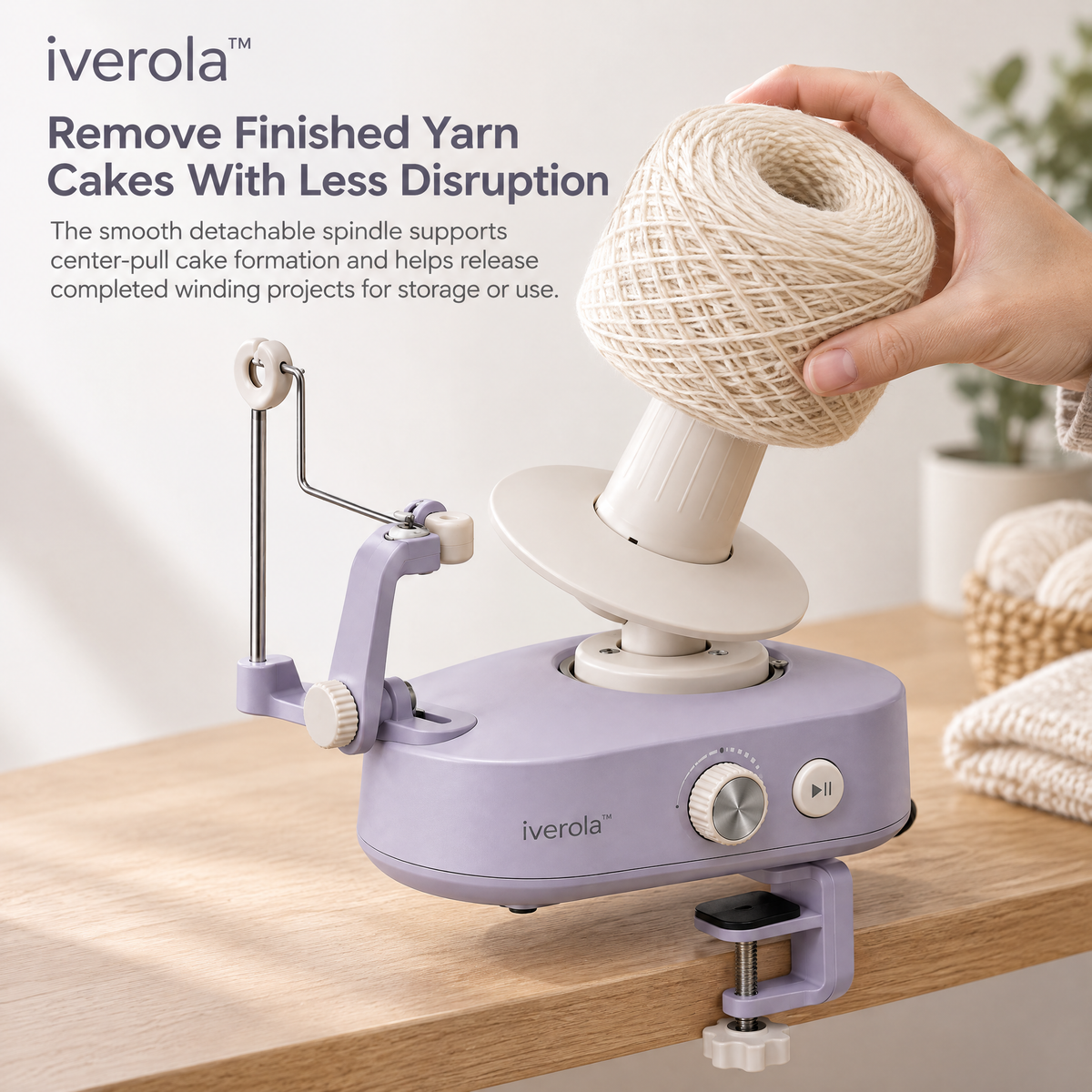 Iverola™ SkeinFlow Electric Yarn Ball Winder — Automatic Motorized Yarn Winding Machine with Adjustable Speed Control, Smooth Yarn Tension Guide, Removable Winding Spindle &amp; Table Clamp for Knitting, Crochet and Fiber Crafts