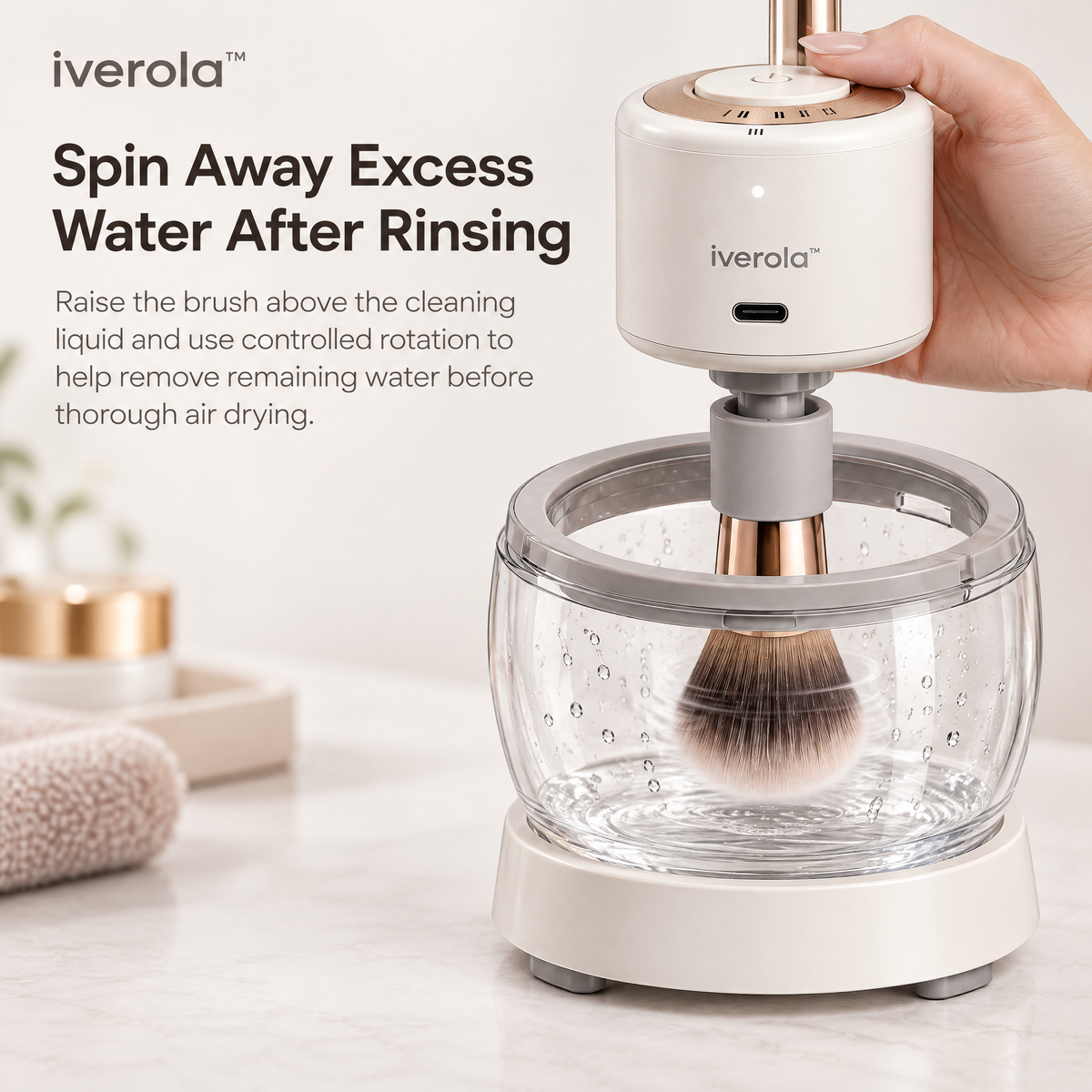 Iverola™ SpinPure Electric Makeup Brush Cleaner &amp; Dryer — Rechargeable Automatic Brush Washing System with Magnetic Spinning Base, Adjustable Rotation Speeds, Interchangeable Brush Holders &amp; Transparent Cleaning Bowl for Everyday Beauty Tools