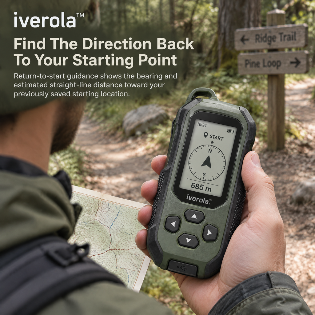 Iverola™ TrailVector Handheld GPS Navigation Compass — Rechargeable Outdoor Digital Compass with Satellite Positioning, Return-to-Start Guidance, Saved Waypoints, Electronic Direction Display &amp; USB-C Charging for Hiking