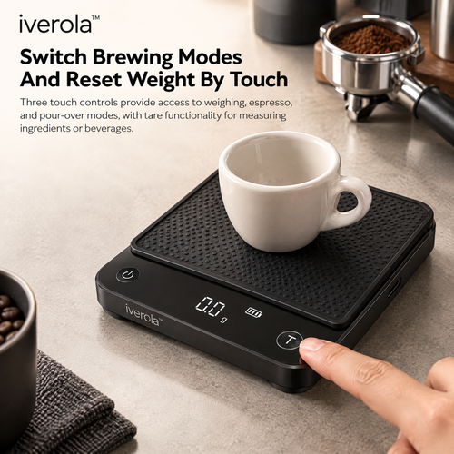 Iverola™ CremaFlow Smart Espresso Scale — Rechargeable Digital Coffee Scale with Real-Time Flow Rate Monitoring, Automatic Tare, Espresso Extraction Tracking, Touch Controls &amp; Water-Resistant Design for Home Baristas and Coffee Enthusiasts