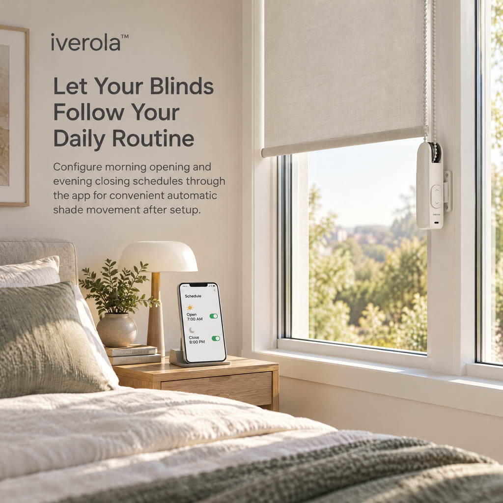 Iverola™ ShadeMotion Smart Roller Blind Motor — Rechargeable Bluetooth Window Shade Controller with Automatic Chain Drive, Adjustable Position Limits, Smartphone Scheduling &amp; Wireless Remote Control for Home Automation