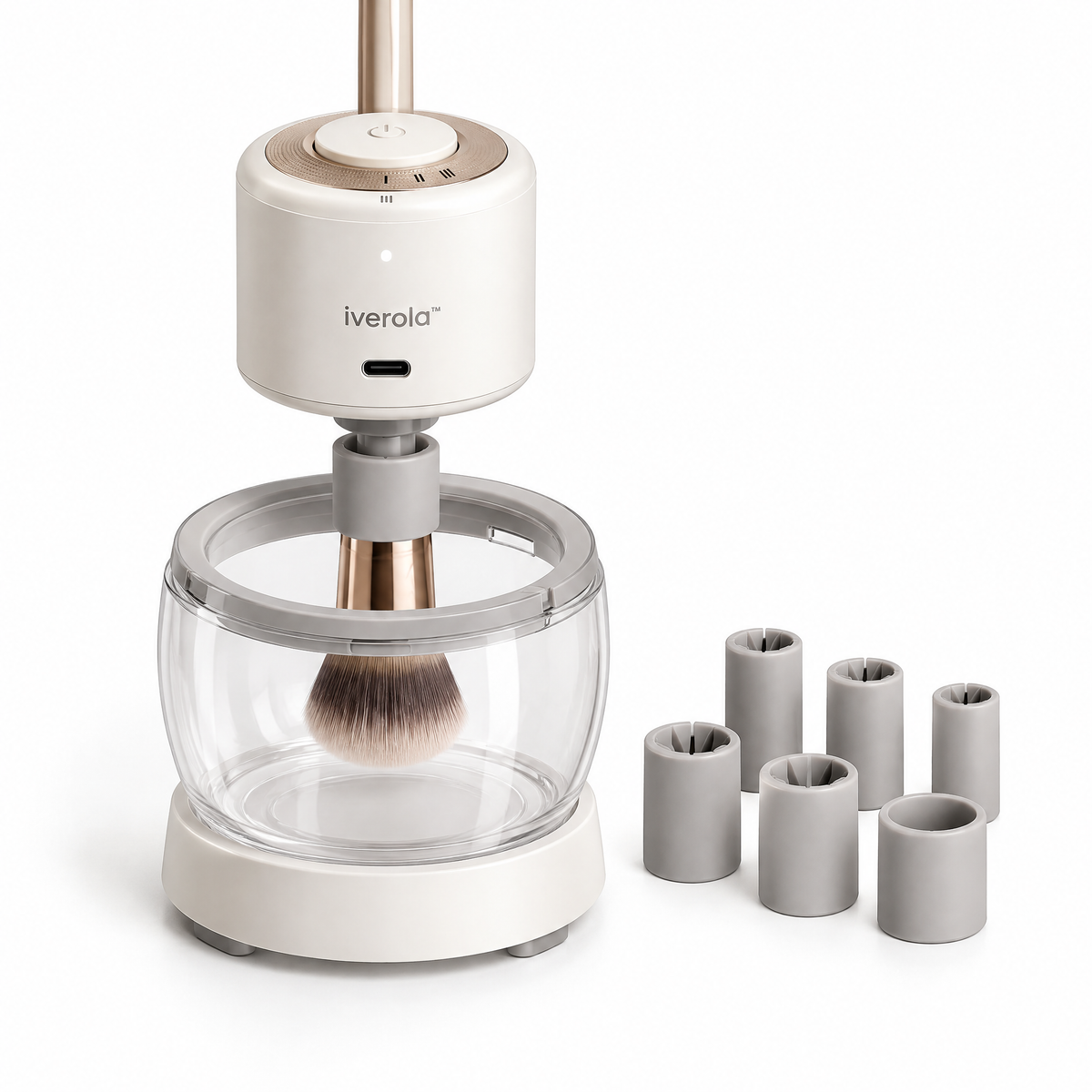 Iverola™ SpinPure Electric Makeup Brush Cleaner &amp; Dryer — Rechargeable Automatic Brush Washing System with Magnetic Spinning Base, Adjustable Rotation Speeds, Interchangeable Brush Holders &amp; Transparent Cleaning Bowl for Everyday Beauty Tools