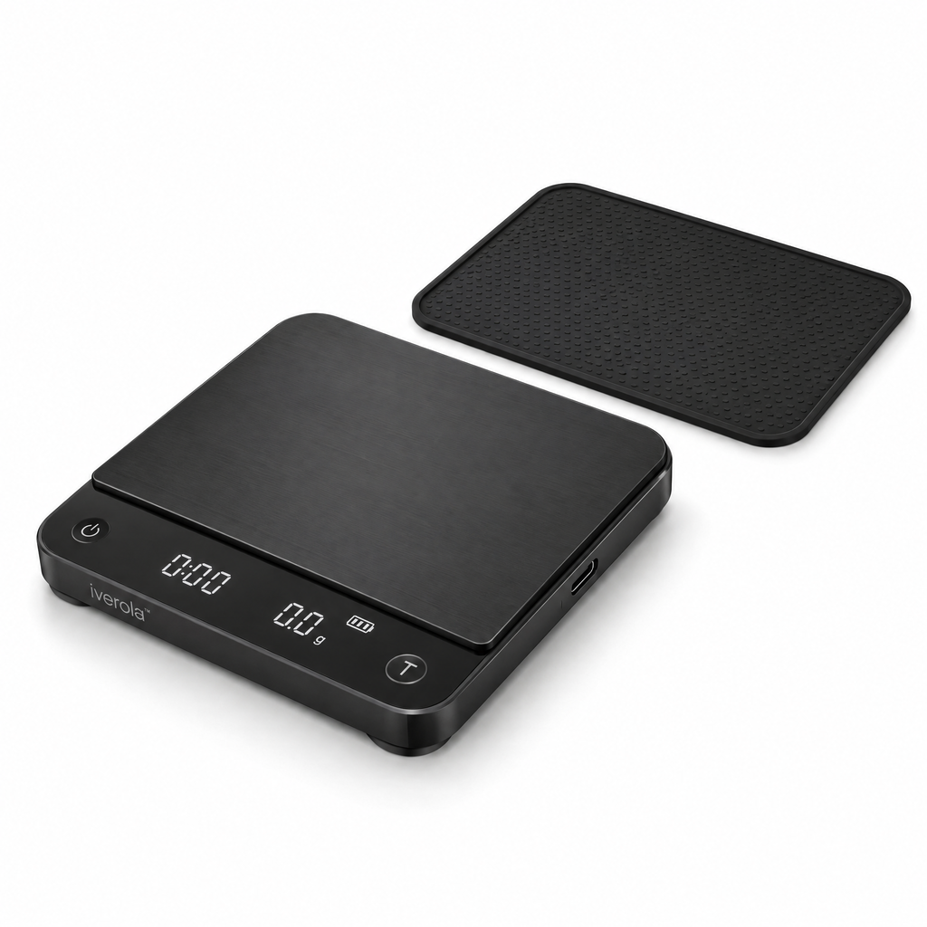 Iverola™ CremaFlow Smart Espresso Scale — Rechargeable Digital Coffee Scale with Real-Time Flow Rate Monitoring, Automatic Tare, Espresso Extraction Tracking, Touch Controls &amp; Water-Resistant Design for Home Baristas and Coffee Enthusiasts