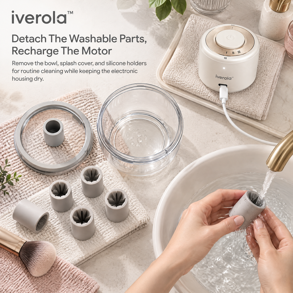 Iverola™ SpinPure Electric Makeup Brush Cleaner &amp; Dryer — Rechargeable Automatic Brush Washing System with Magnetic Spinning Base, Adjustable Rotation Speeds, Interchangeable Brush Holders &amp; Transparent Cleaning Bowl for Everyday Beauty Tools