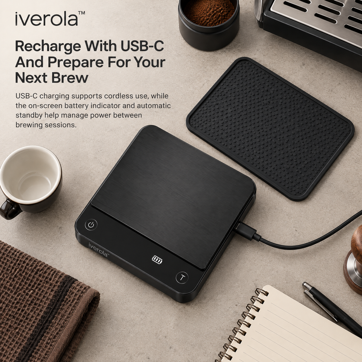 Iverola™ CremaFlow Smart Espresso Scale — Rechargeable Digital Coffee Scale with Real-Time Flow Rate Monitoring, Automatic Tare, Espresso Extraction Tracking, Touch Controls &amp; Water-Resistant Design for Home Baristas and Coffee Enthusiasts