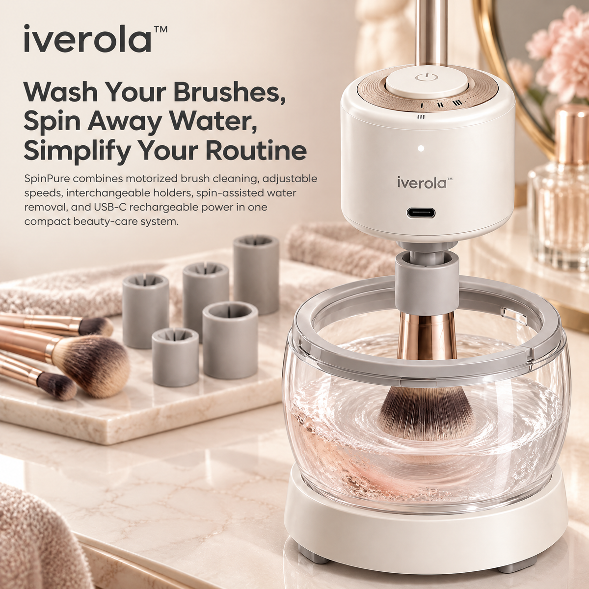 Iverola™ SpinPure Electric Makeup Brush Cleaner &amp; Dryer — Rechargeable Automatic Brush Washing System with Magnetic Spinning Base, Adjustable Rotation Speeds, Interchangeable Brush Holders &amp; Transparent Cleaning Bowl for Everyday Beauty Tools