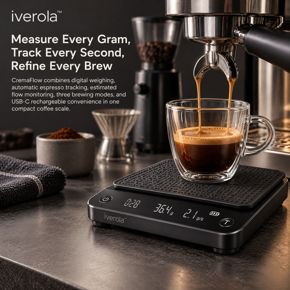 Iverola™ CremaFlow Smart Espresso Scale — Rechargeable Digital Coffee Scale with Real-Time Flow Rate Monitoring, Automatic Tare, Espresso Extraction Tracking, Touch Controls &amp; Water-Resistant Design for Home Baristas and Coffee Enthusiasts