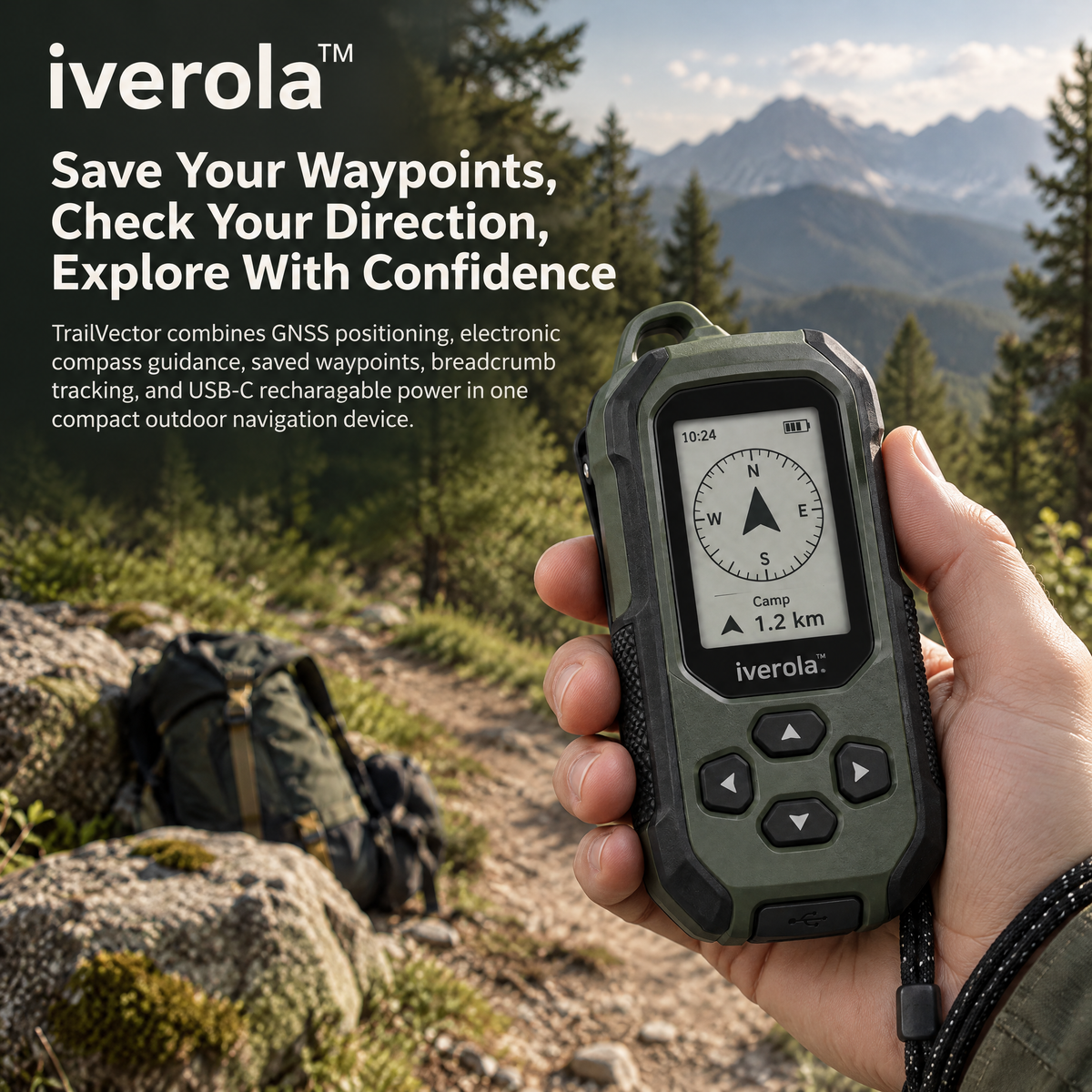 Iverola™ TrailVector Handheld GPS Navigation Compass — Rechargeable Outdoor Digital Compass with Satellite Positioning, Return-to-Start Guidance, Saved Waypoints, Electronic Direction Display &amp; USB-C Charging for Hiking