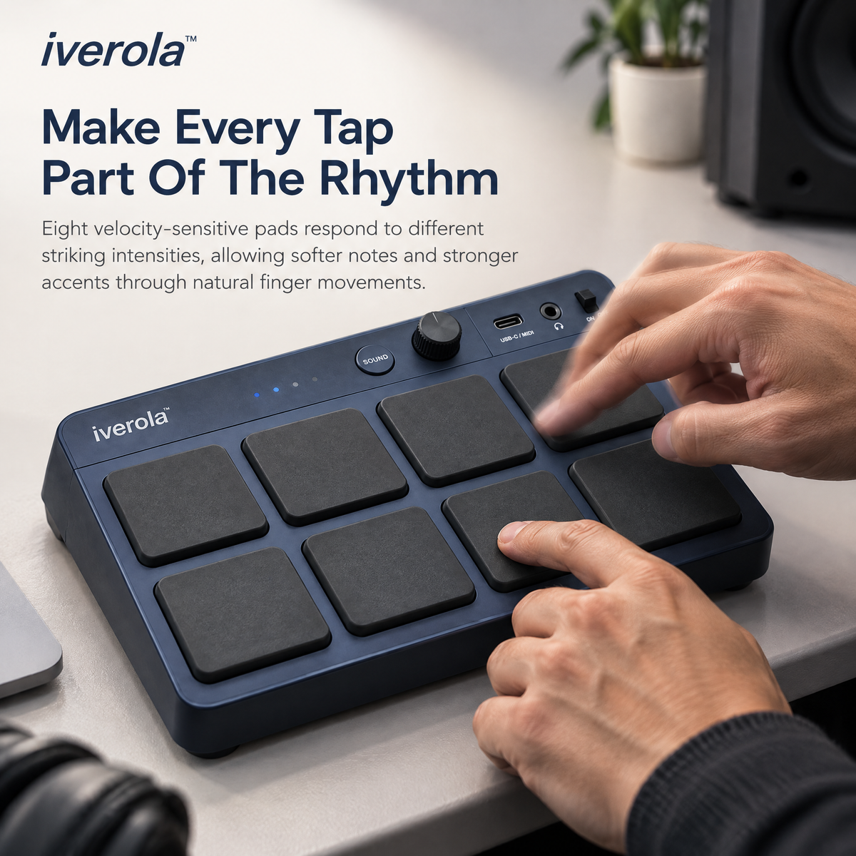 Iverola™ RhythmDeck Portable Electronic Drum Pad — Rechargeable Finger Drumming Controller with Velocity-Sensitive Pads, Built-In Drum Sounds, Headphone Output &amp; USB MIDI Connectivity for Music Production and Beat Making