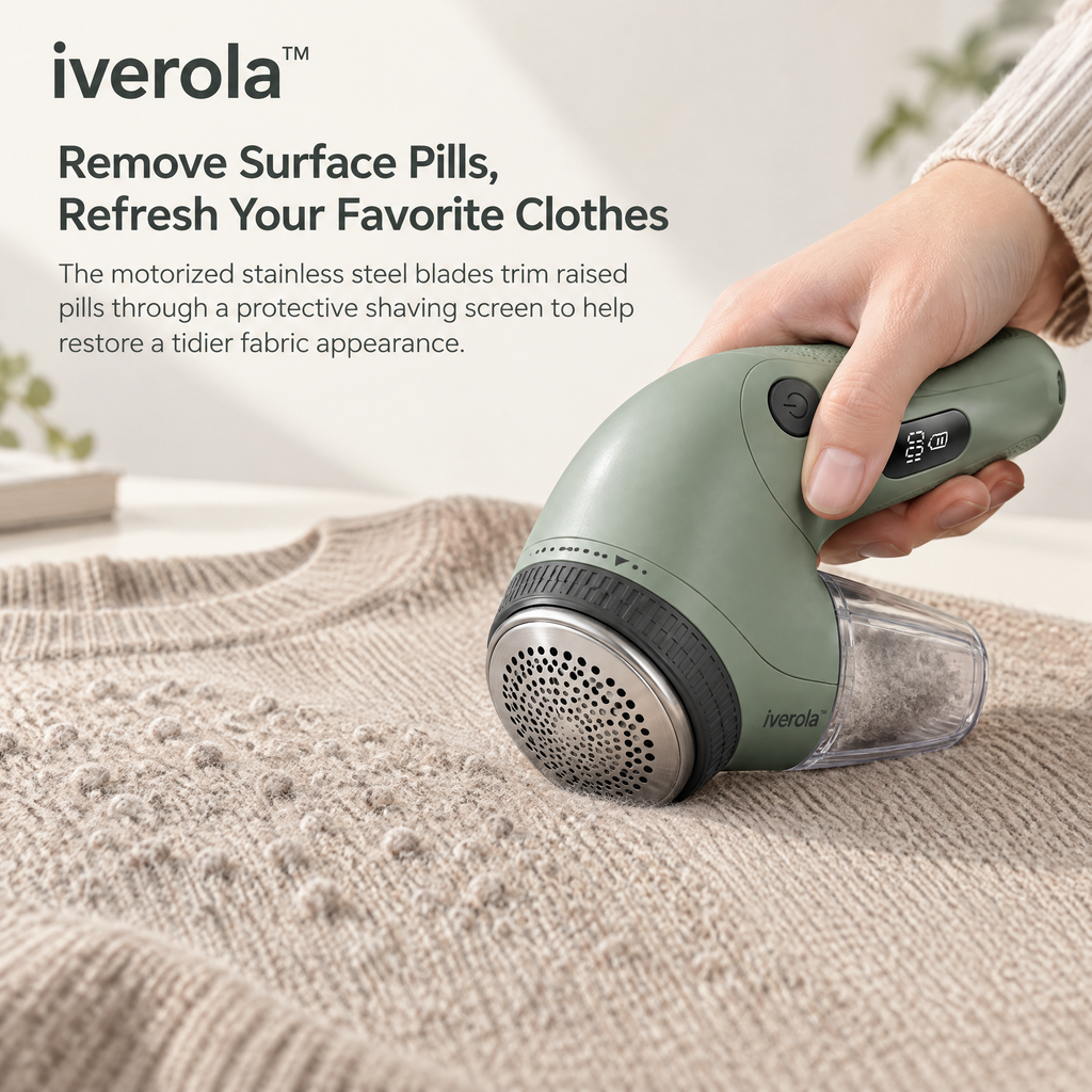 Iverola™ FiberRevive Electric Fabric Shaver — Rechargeable Clothes Lint Remover with Adjustable Shaving Height, Precision Stainless Steel Blades, Digital Battery Indicator &amp; Detachable Lint Collector for Sweaters, Upholstery and Everyday Clothing
