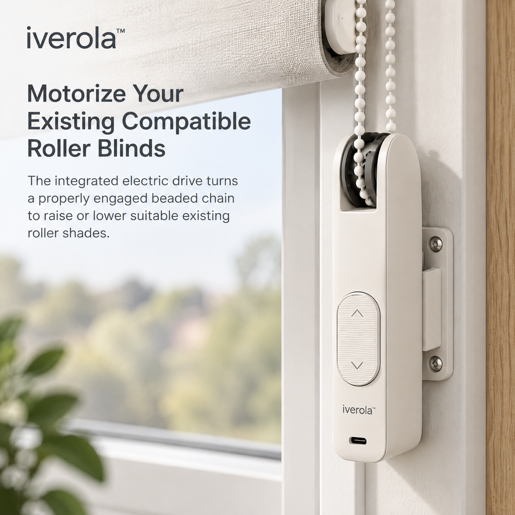 Iverola™ ShadeMotion Smart Roller Blind Motor — Rechargeable Bluetooth Window Shade Controller with Automatic Chain Drive, Adjustable Position Limits, Smartphone Scheduling &amp; Wireless Remote Control for Home Automation