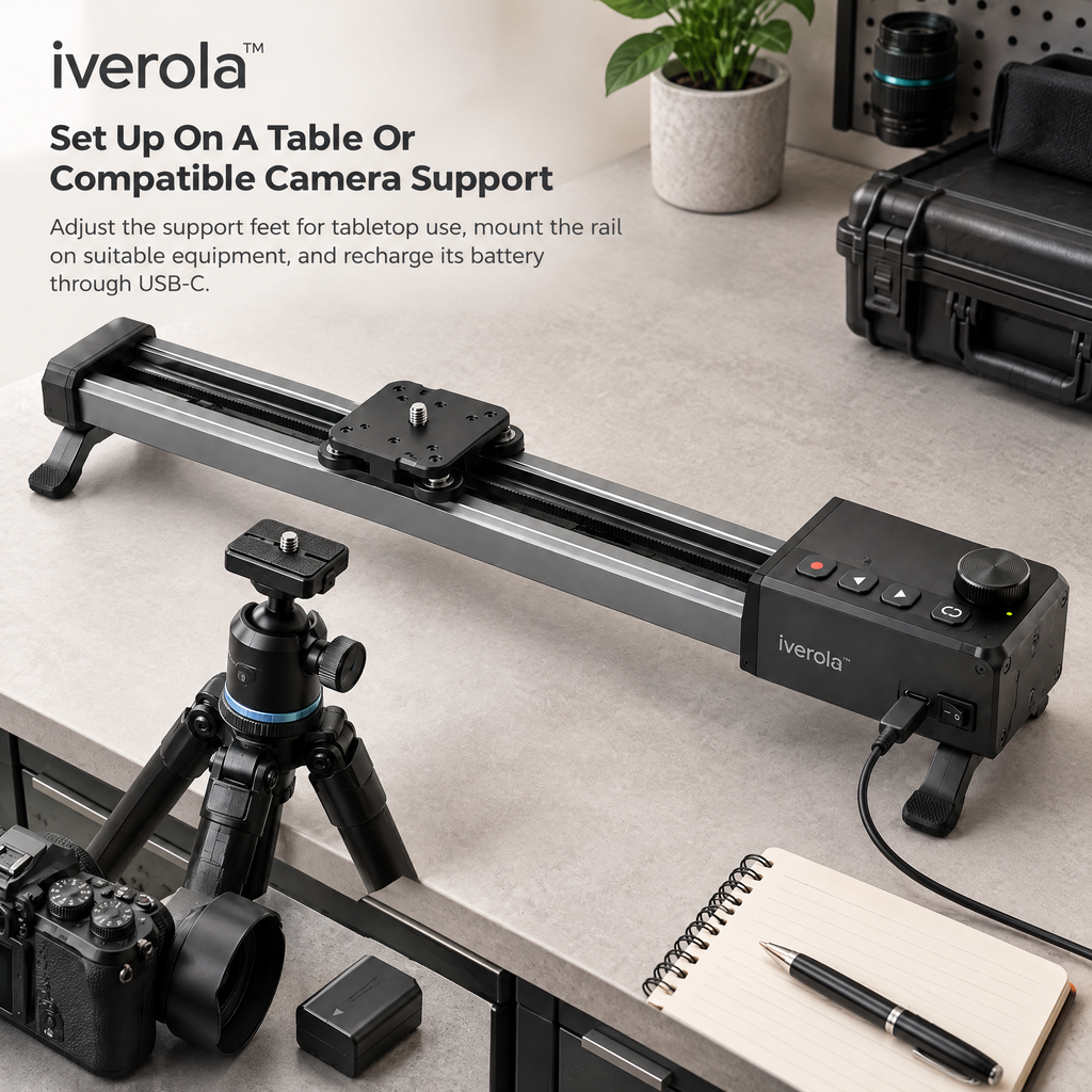 Iverola™ CineRail Motorized Camera Slider — Portable Electronic Camera Motion Track with Adjustable Slide Speed, Automatic Loop Mode, USB-C Rechargeable Battery &amp; Tripod Mounting for Video Creators and Product Photography