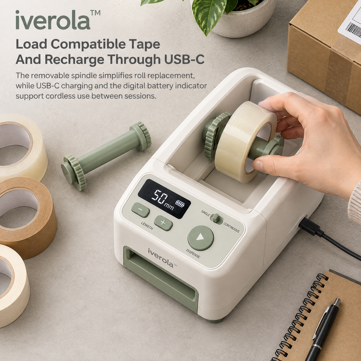 Iverola™ TapePilot Automatic Electric Tape Dispenser — Digital Tape Cutting Machine with Adjustable Length Settings, One-Touch Dispensing, Automatic Cutting Blade, Dual Feed Modes &amp; Rechargeable USB-C Power for Packaging