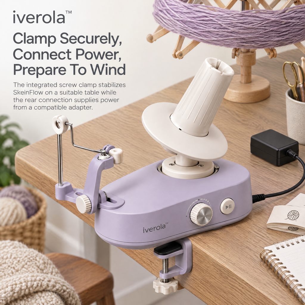 Iverola™ SkeinFlow Electric Yarn Ball Winder — Automatic Motorized Yarn Winding Machine with Adjustable Speed Control, Smooth Yarn Tension Guide, Removable Winding Spindle &amp; Table Clamp for Knitting, Crochet and Fiber Crafts