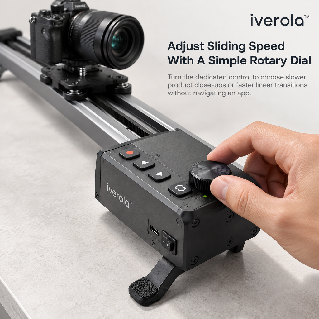 Iverola™ CineRail Motorized Camera Slider — Portable Electronic Camera Motion Track with Adjustable Slide Speed, Automatic Loop Mode, USB-C Rechargeable Battery &amp; Tripod Mounting for Video Creators and Product Photography