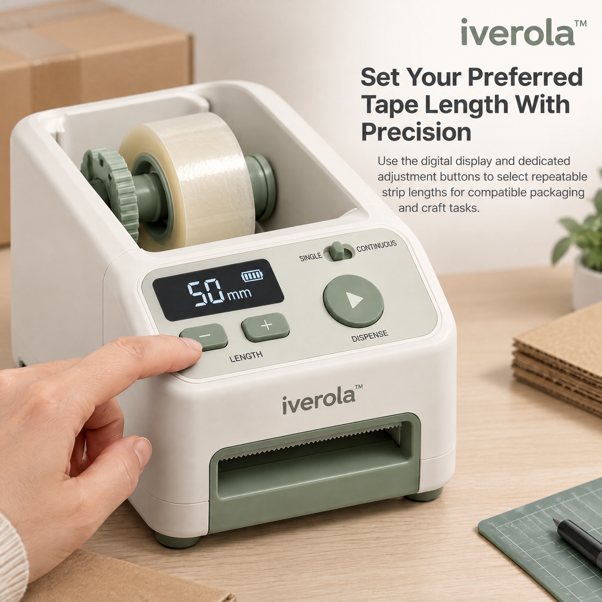 Iverola™ TapePilot Automatic Electric Tape Dispenser — Digital Tape Cutting Machine with Adjustable Length Settings, One-Touch Dispensing, Automatic Cutting Blade, Dual Feed Modes &amp; Rechargeable USB-C Power for Packaging