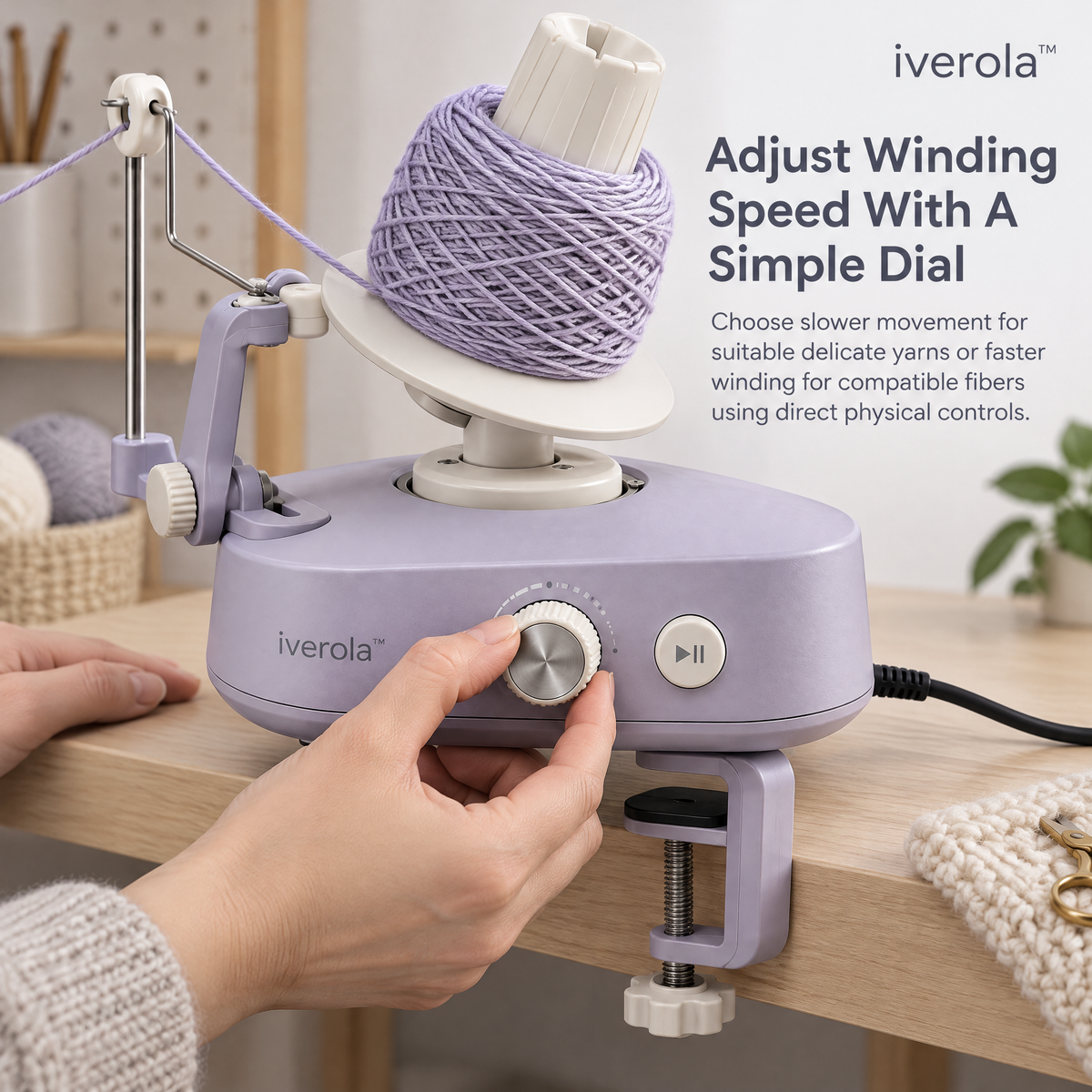 Iverola™ SkeinFlow Electric Yarn Ball Winder — Automatic Motorized Yarn Winding Machine with Adjustable Speed Control, Smooth Yarn Tension Guide, Removable Winding Spindle &amp; Table Clamp for Knitting, Crochet and Fiber Crafts