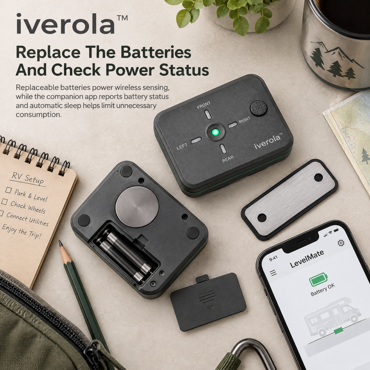Iverola™ LevelMate Wireless RV Leveling System — Digital Dual-Axis Level Sensor with Bluetooth Connectivity, Real-Time Tilt Monitoring, LED Direction Indicators &amp; Magnetic Mounting for Campers, Travel Trailers and Motorhomes