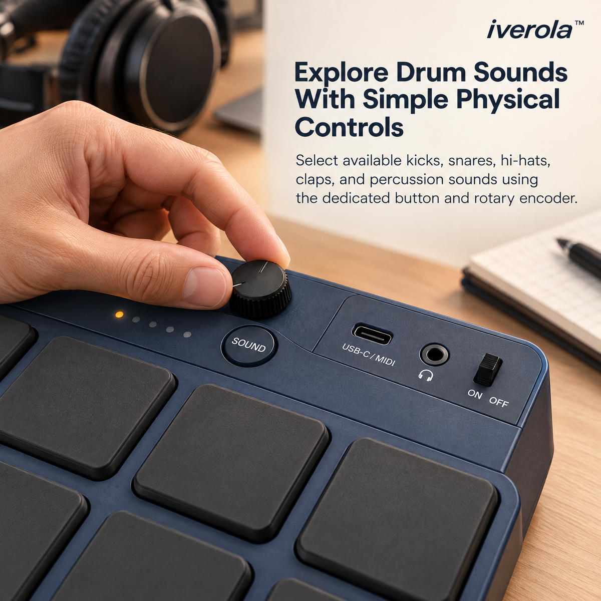 Iverola™ RhythmDeck Portable Electronic Drum Pad — Rechargeable Finger Drumming Controller with Velocity-Sensitive Pads, Built-In Drum Sounds, Headphone Output &amp; USB MIDI Connectivity for Music Production and Beat Making
