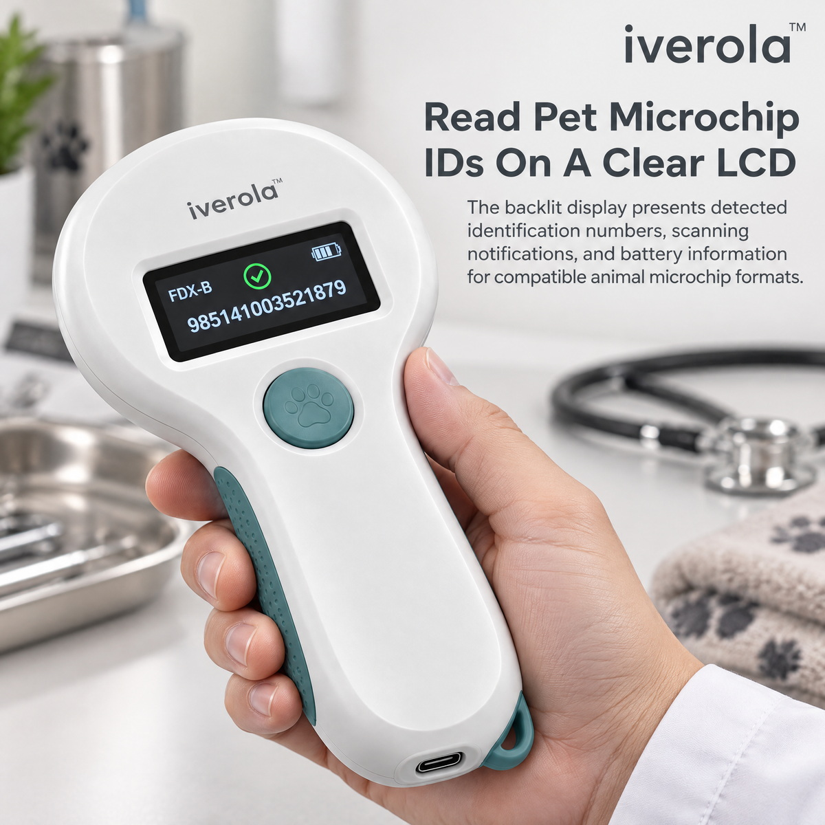 Iverola™ PetTrace Handheld RFID Pet Microchip Scanner — Portable Animal Identification Reader with Multi-Frequency Microchip Detection, Digital ID Display, One-Touch Scanning, Rechargeable Battery &amp; USB-C Connectivity for Dogs, Cats and Small Animals