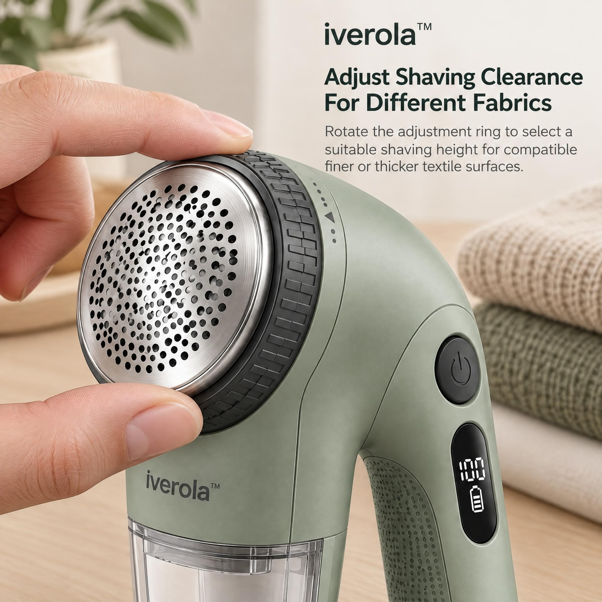 Iverola™ FiberRevive Electric Fabric Shaver — Rechargeable Clothes Lint Remover with Adjustable Shaving Height, Precision Stainless Steel Blades, Digital Battery Indicator &amp; Detachable Lint Collector for Sweaters, Upholstery and Everyday Clothing
