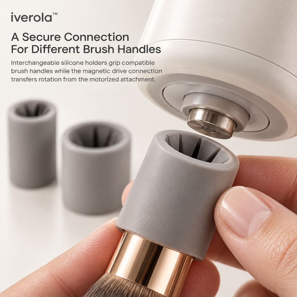 Iverola™ SpinPure Electric Makeup Brush Cleaner &amp; Dryer — Rechargeable Automatic Brush Washing System with Magnetic Spinning Base, Adjustable Rotation Speeds, Interchangeable Brush Holders &amp; Transparent Cleaning Bowl for Everyday Beauty Tools
