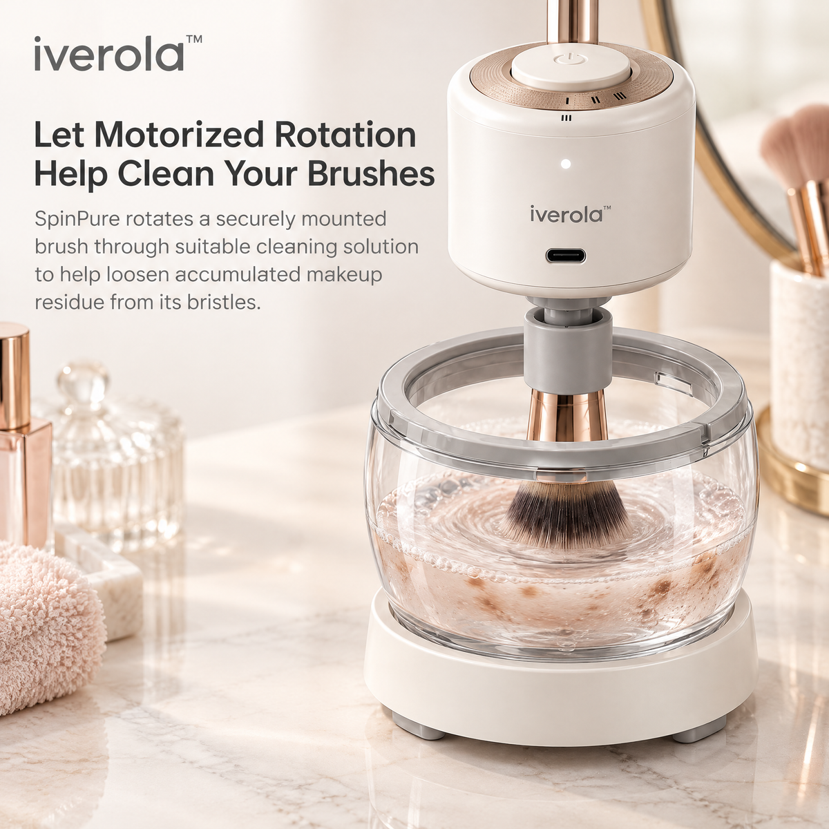 Iverola™ SpinPure Electric Makeup Brush Cleaner &amp; Dryer — Rechargeable Automatic Brush Washing System with Magnetic Spinning Base, Adjustable Rotation Speeds, Interchangeable Brush Holders &amp; Transparent Cleaning Bowl for Everyday Beauty Tools
