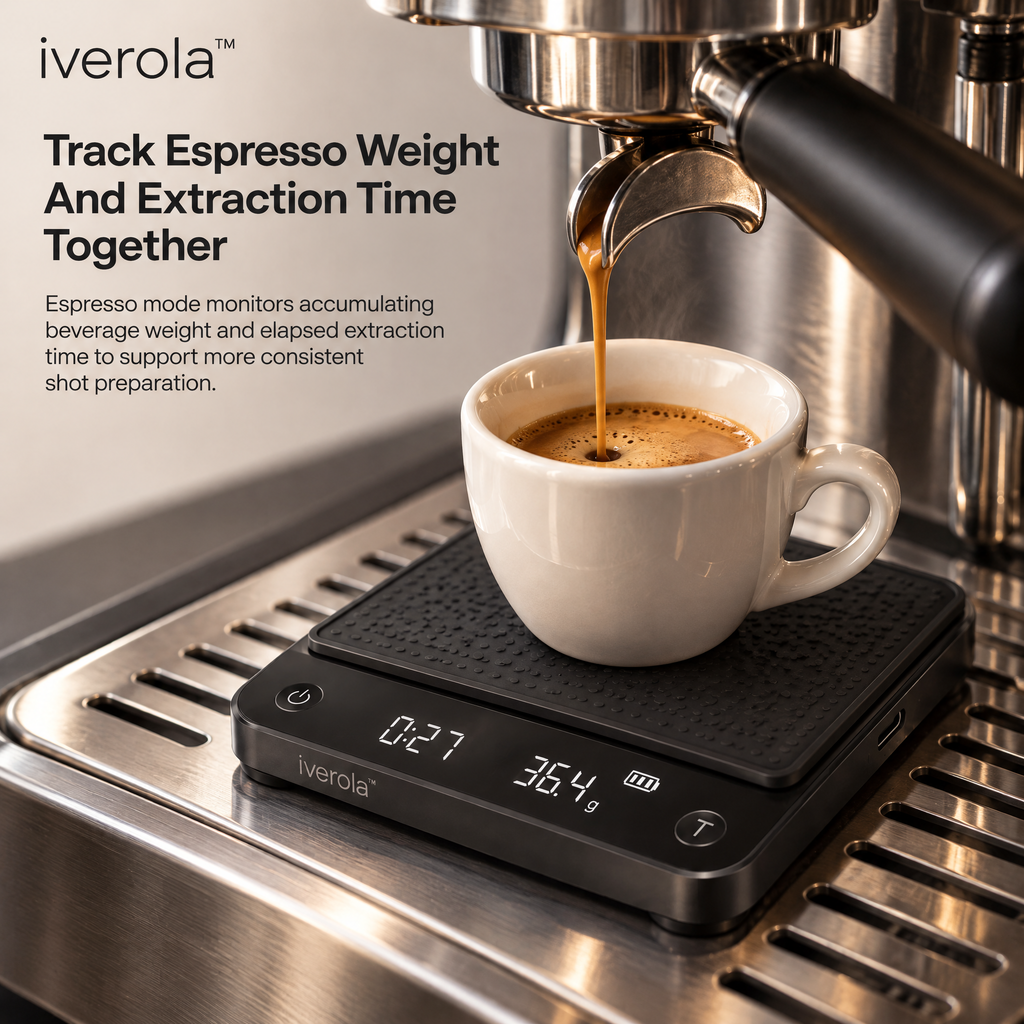 Iverola™ CremaFlow Smart Espresso Scale — Rechargeable Digital Coffee Scale with Real-Time Flow Rate Monitoring, Automatic Tare, Espresso Extraction Tracking, Touch Controls &amp; Water-Resistant Design for Home Baristas and Coffee Enthusiasts