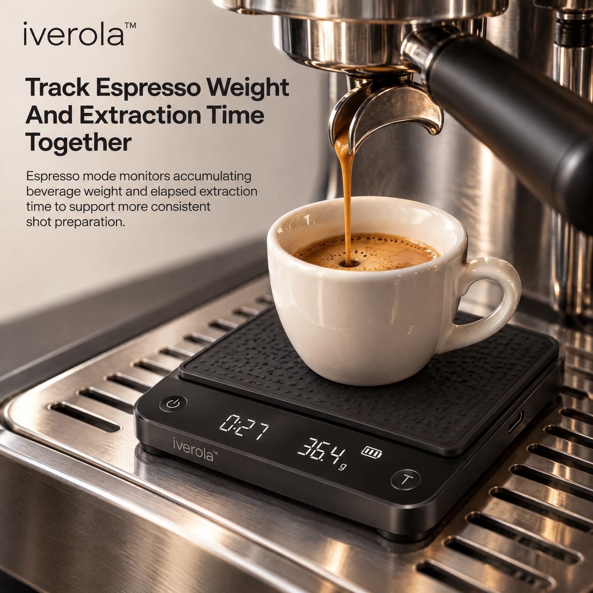 Iverola™ CremaFlow Smart Espresso Scale — Rechargeable Digital Coffee Scale with Real-Time Flow Rate Monitoring, Automatic Tare, Espresso Extraction Tracking, Touch Controls &amp; Water-Resistant Design for Home Baristas and Coffee Enthusiasts