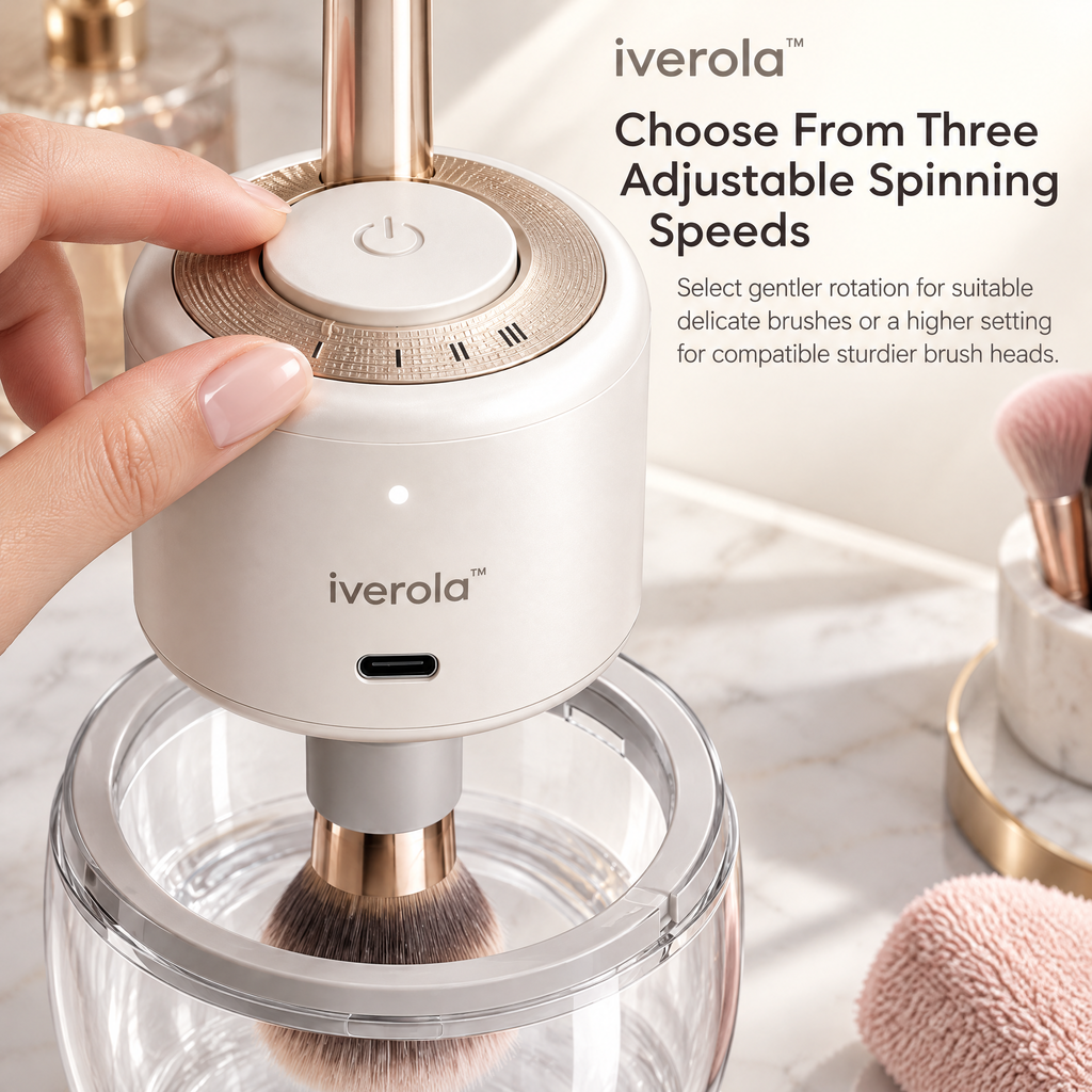 Iverola™ SpinPure Electric Makeup Brush Cleaner &amp; Dryer — Rechargeable Automatic Brush Washing System with Magnetic Spinning Base, Adjustable Rotation Speeds, Interchangeable Brush Holders &amp; Transparent Cleaning Bowl for Everyday Beauty Tools