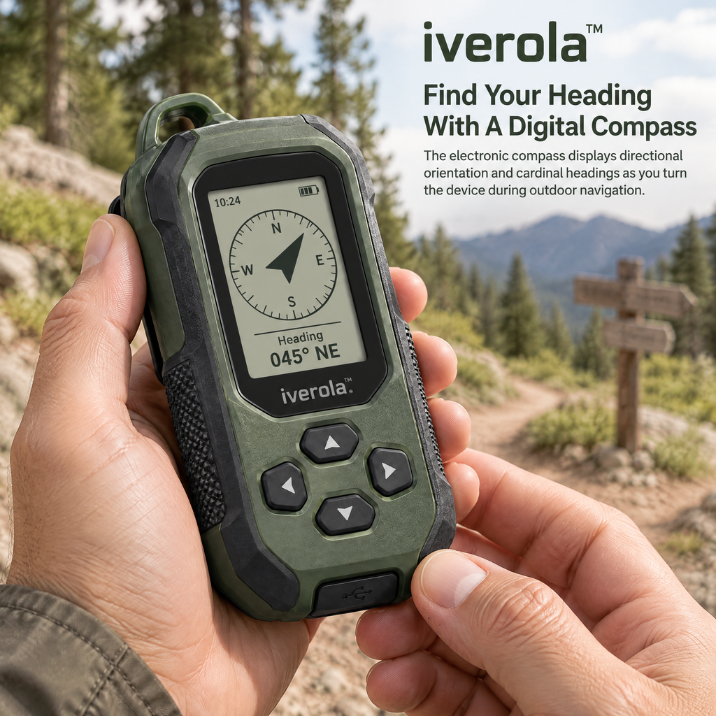 Iverola™ TrailVector Handheld GPS Navigation Compass — Rechargeable Outdoor Digital Compass with Satellite Positioning, Return-to-Start Guidance, Saved Waypoints, Electronic Direction Display &amp; USB-C Charging for Hiking