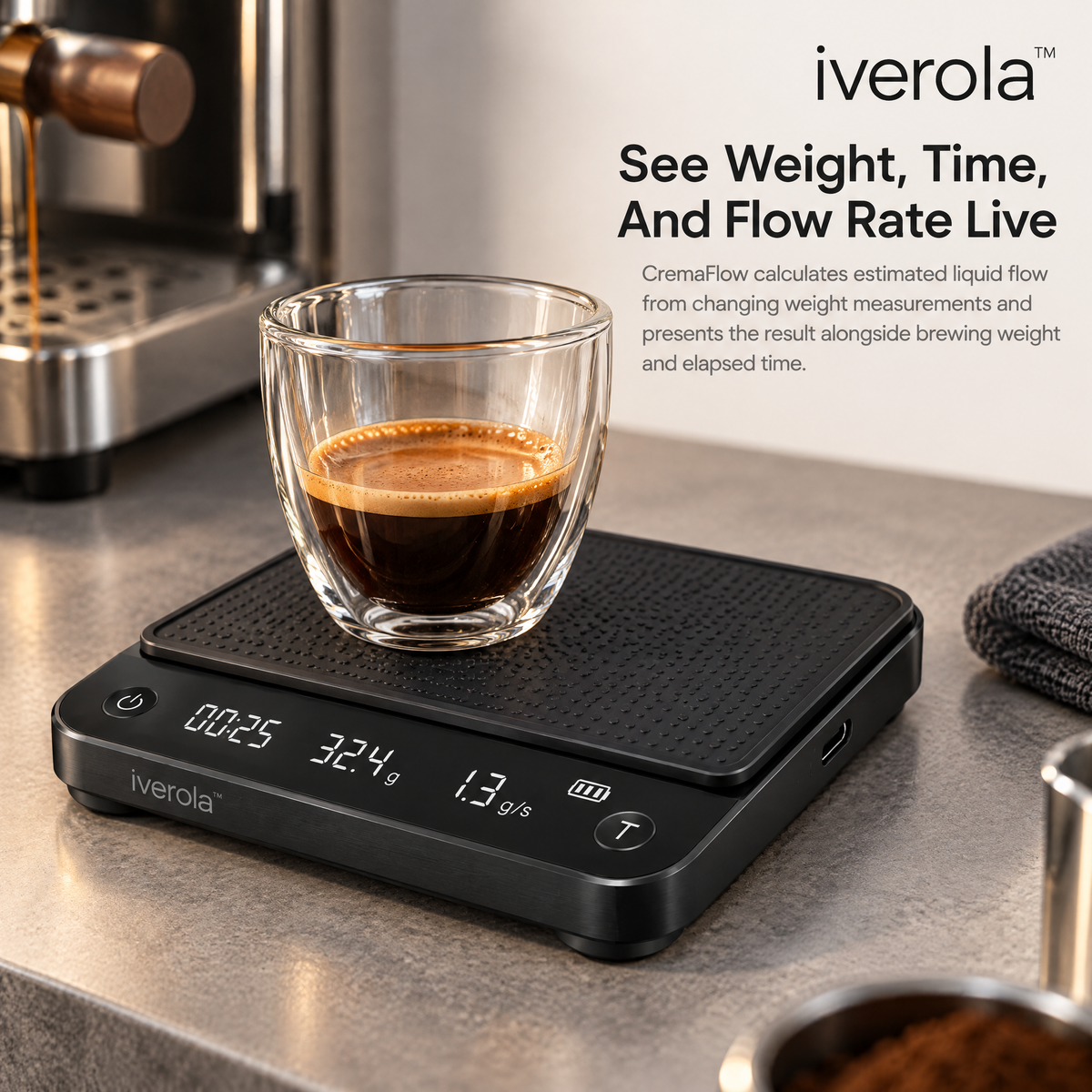 Iverola™ CremaFlow Smart Espresso Scale — Rechargeable Digital Coffee Scale with Real-Time Flow Rate Monitoring, Automatic Tare, Espresso Extraction Tracking, Touch Controls &amp; Water-Resistant Design for Home Baristas and Coffee Enthusiasts