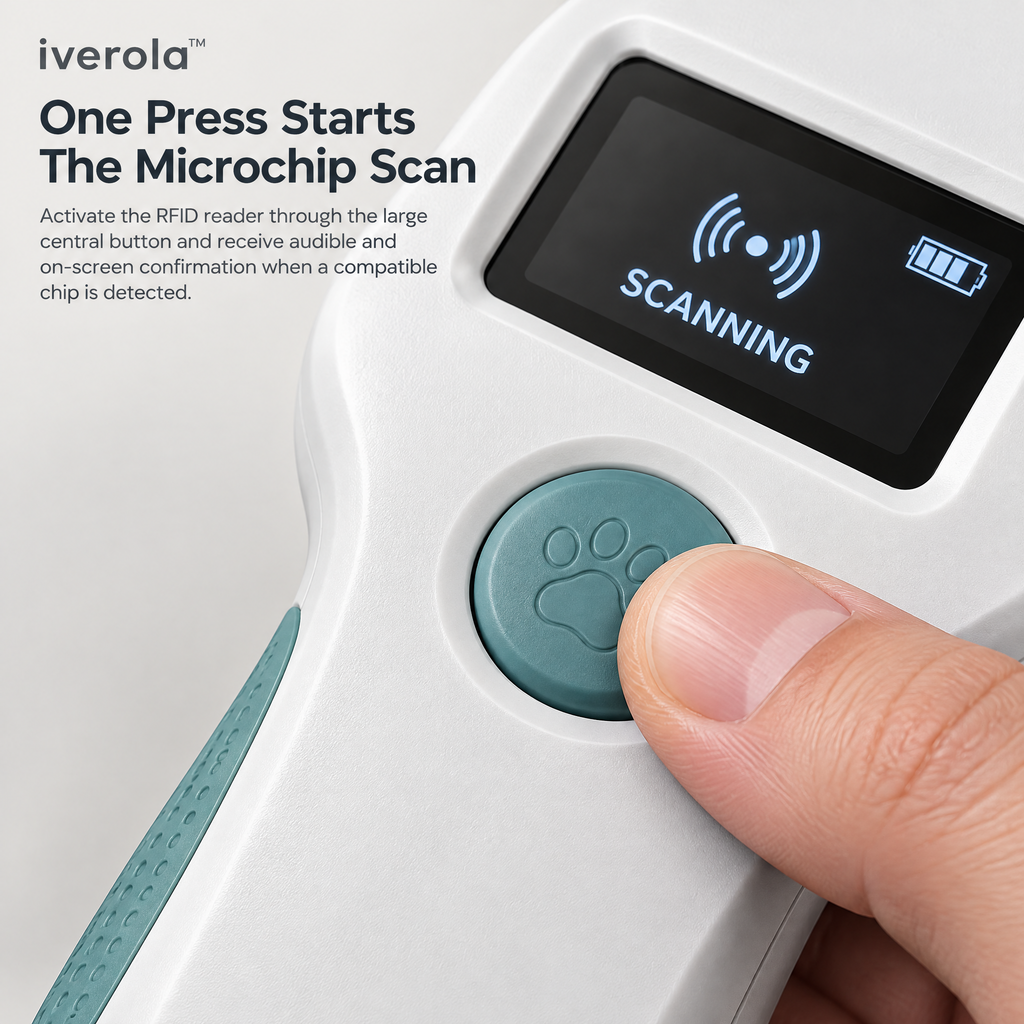 Iverola™ PetTrace Handheld RFID Pet Microchip Scanner — Portable Animal Identification Reader with Multi-Frequency Microchip Detection, Digital ID Display, One-Touch Scanning, Rechargeable Battery &amp; USB-C Connectivity for Dogs, Cats and Small Animals
