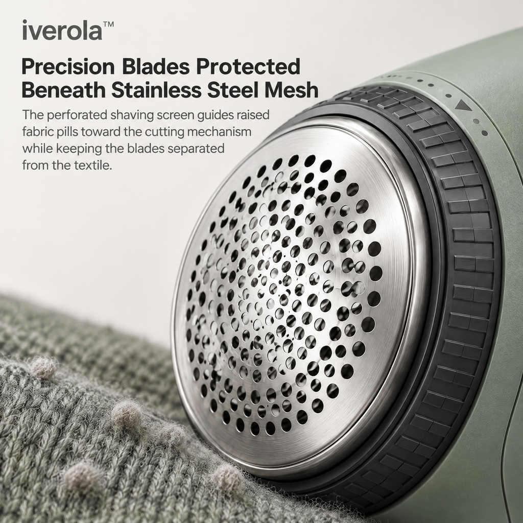 Iverola™ FiberRevive Electric Fabric Shaver — Rechargeable Clothes Lint Remover with Adjustable Shaving Height, Precision Stainless Steel Blades, Digital Battery Indicator &amp; Detachable Lint Collector for Sweaters, Upholstery and Everyday Clothing