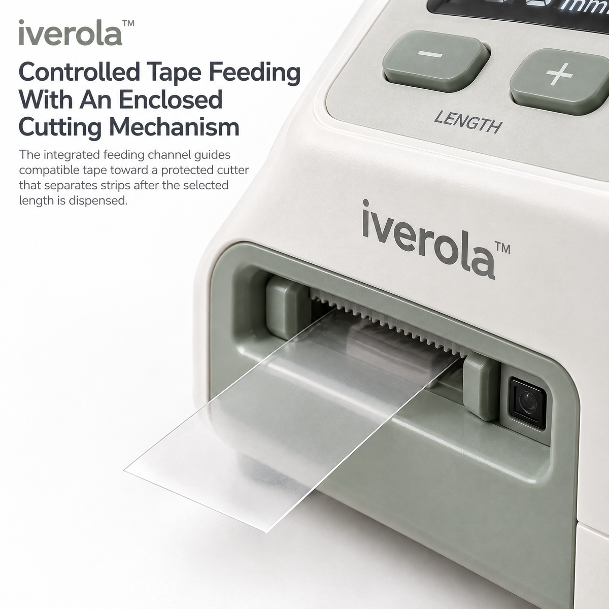 Iverola™ TapePilot Automatic Electric Tape Dispenser — Digital Tape Cutting Machine with Adjustable Length Settings, One-Touch Dispensing, Automatic Cutting Blade, Dual Feed Modes &amp; Rechargeable USB-C Power for Packaging