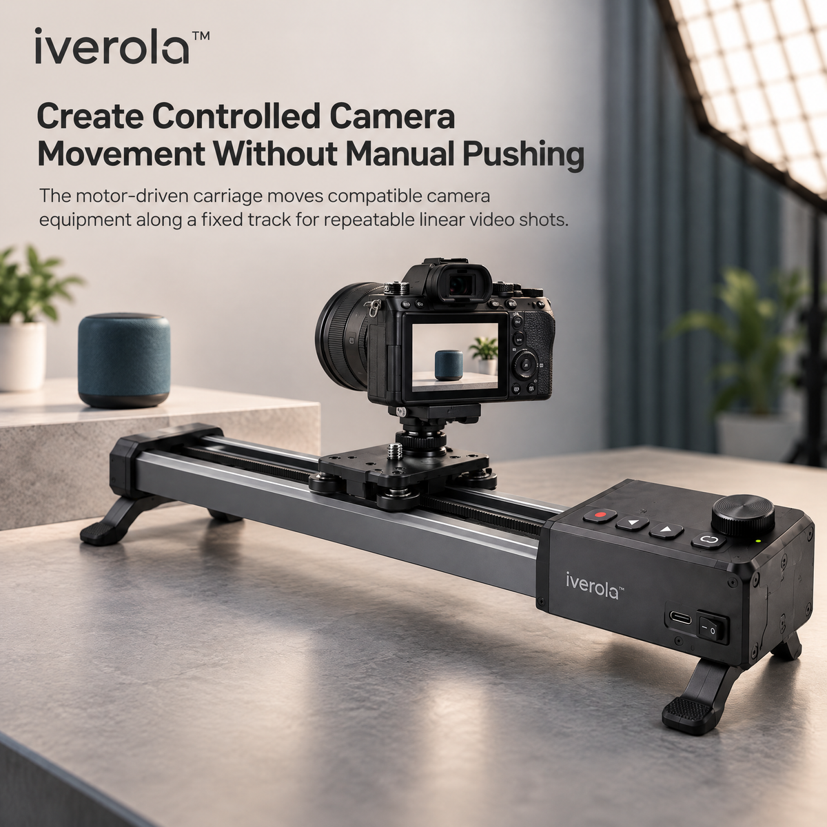 Iverola™ CineRail Motorized Camera Slider — Portable Electronic Camera Motion Track with Adjustable Slide Speed, Automatic Loop Mode, USB-C Rechargeable Battery &amp; Tripod Mounting for Video Creators and Product Photography