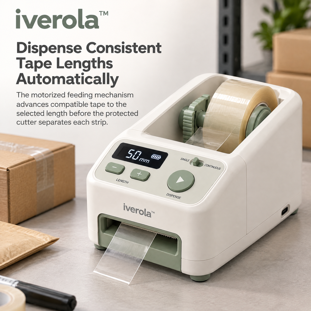 Iverola™ TapePilot Automatic Electric Tape Dispenser — Digital Tape Cutting Machine with Adjustable Length Settings, One-Touch Dispensing, Automatic Cutting Blade, Dual Feed Modes &amp; Rechargeable USB-C Power for Packaging