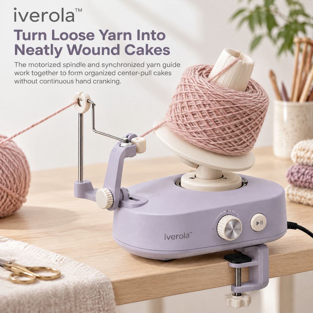 Iverola™ SkeinFlow Electric Yarn Ball Winder — Automatic Motorized Yarn Winding Machine with Adjustable Speed Control, Smooth Yarn Tension Guide, Removable Winding Spindle &amp; Table Clamp for Knitting, Crochet and Fiber Crafts