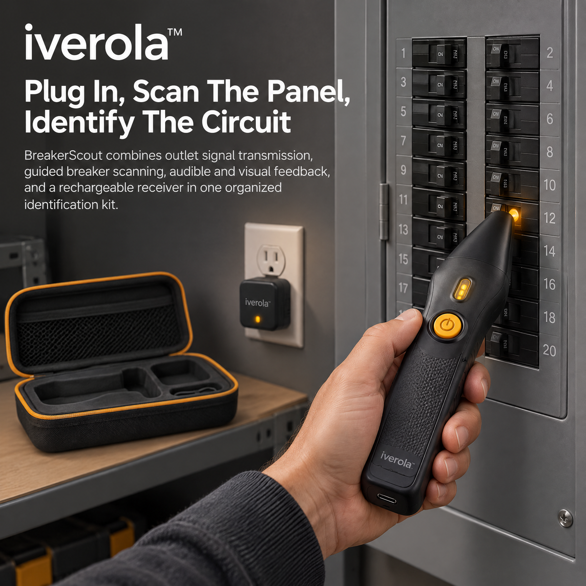 Iverola™ BreakerScout Digital Circuit Breaker Finder Kit — Electronic Outlet-to-Breaker Identifier with Plug-In Signal Transmitter, Handheld Circuit Scanner, Audible Detection &amp; USB-C Rechargeable Receiver for Home Electrical Troubleshooting