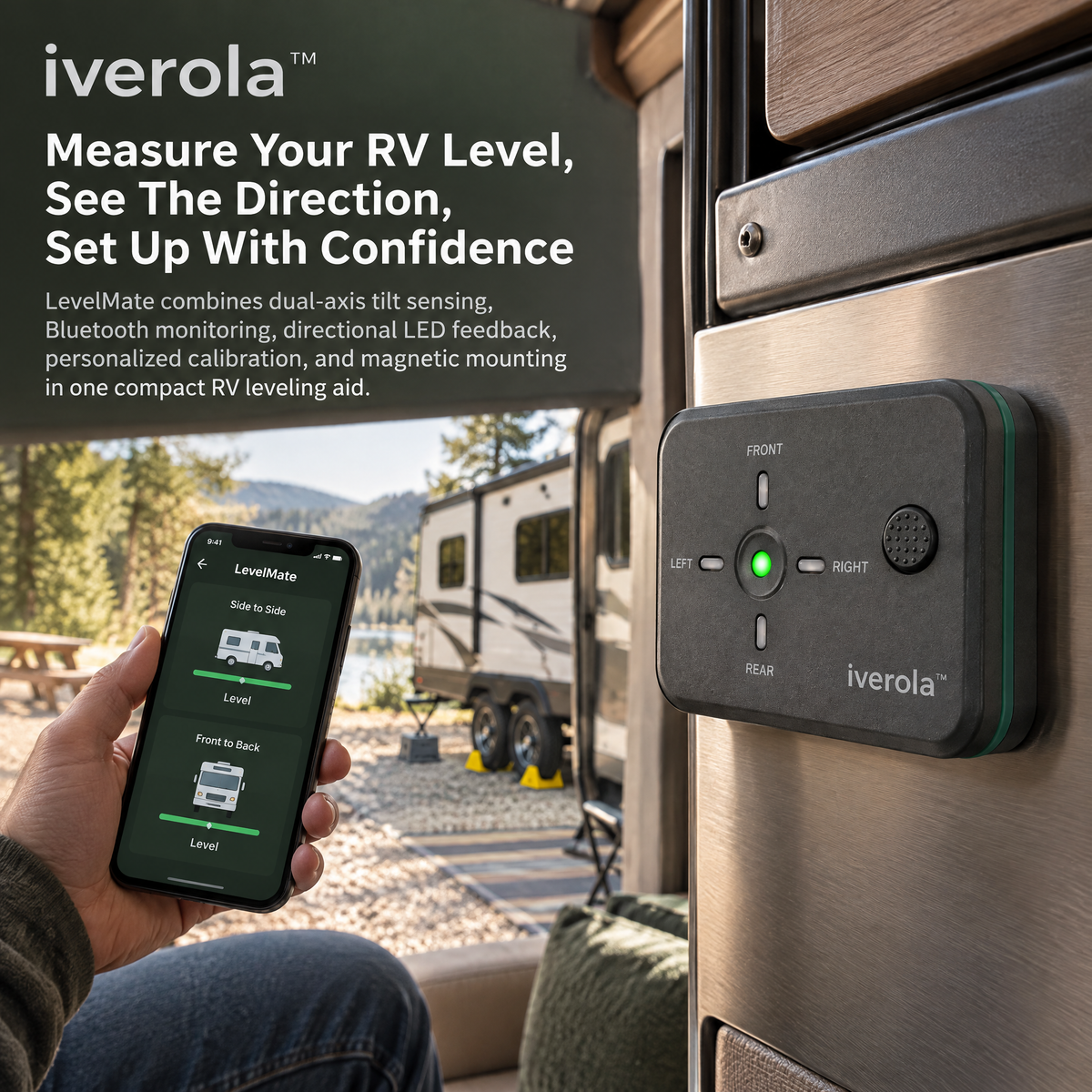 Iverola™ LevelMate Wireless RV Leveling System — Digital Dual-Axis Level Sensor with Bluetooth Connectivity, Real-Time Tilt Monitoring, LED Direction Indicators &amp; Magnetic Mounting for Campers, Travel Trailers and Motorhomes